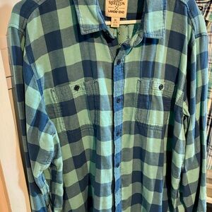 Lands' End Men's Teal and Navy Checkered, Button-Down, Flannel Shirt